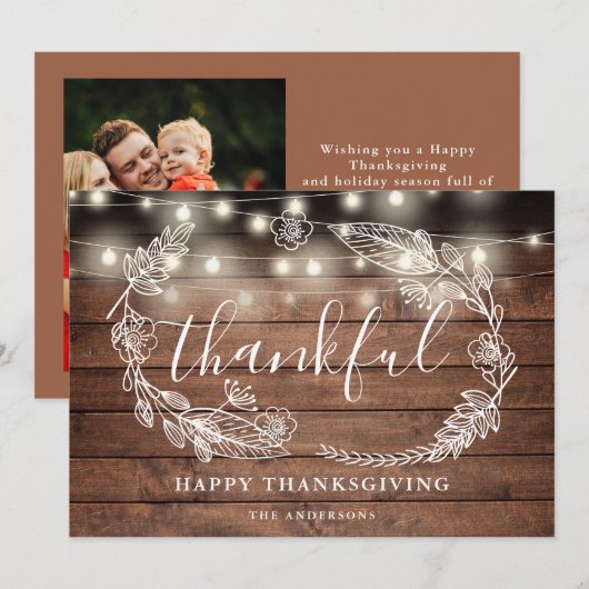 Rustieke String Lights Dankbaar Foto Thanksgiving Feestdagenkaart (Voorkant / Achterkant)