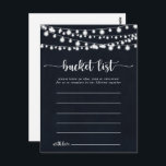 Rustieke String Lights Eenvoudige emmerlijst Kaart<br><div class="desc">Deze rustieke string verlichting eenvoudige emmer lijst kaarten zijn de perfecte activiteit voor een eenvoudige bruiloft receptie of vrijgezellenfeest. Het ontwerp is voorzien van prachtige handgeschilderde snaarlampen op een donkerblauwe achtergrond. Verander de formulering om aan te passen aan elke levensevenement. Bucket list teken wordt apart verkocht.</div>