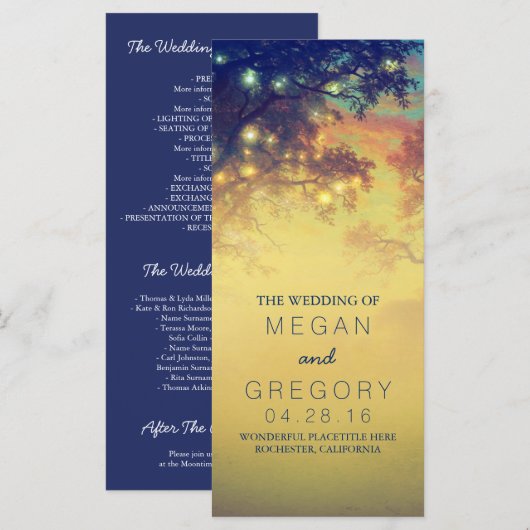 Rustieke String Lights en Bomen Trouwprogramma's Programmakaart (Voorkant / Achterkant)