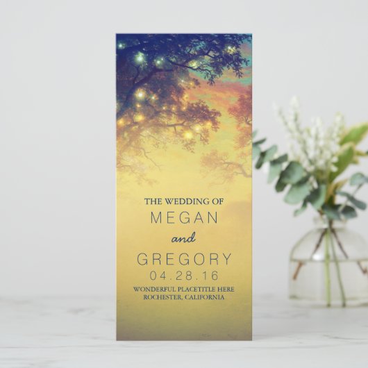 Rustieke String Lights en Bomen Trouwprogramma's Programmakaart (Staand voorkant)