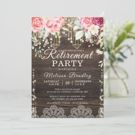 Rustieke String Lights Floral Pensioenfeest Kaart (Staand voorkant)