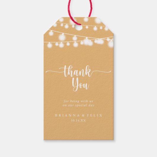 Rustieke String Lights Gele bruiloft Dank u Cadeaulabel (Voorkant)