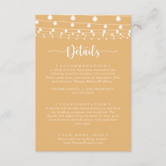 Rustieke String Lights Gele bruiloft Details Informatiekaartje (Voorkant)