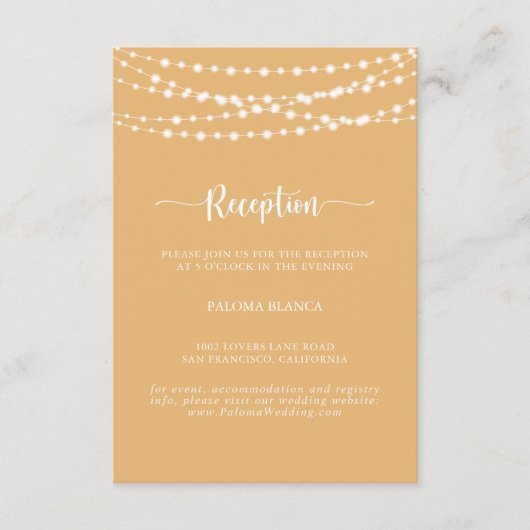Rustieke String Lights Gele bruiloft receptie Informatiekaartje (Voorkant)