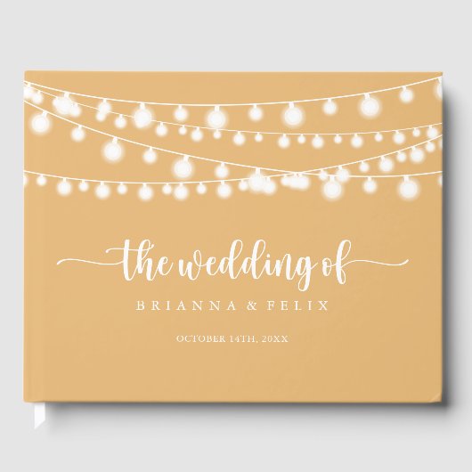 Rustieke String Lights Gele Kalligrafie Bruiloft Gastenboek (Voorkant)