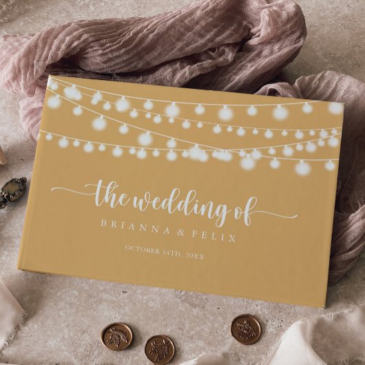 Rustieke String Lights Gele Kalligrafie Bruiloft Gastenboek