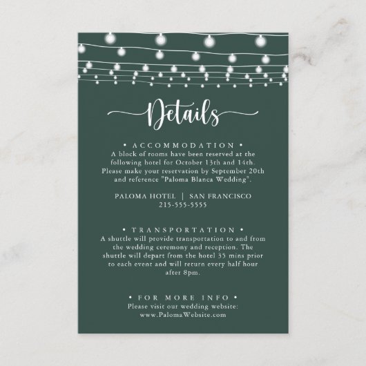 Rustieke String Lights Groene bruiloft Details Informatiekaartje (Voorkant)