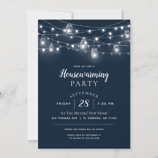 Rustieke String Lights Housewarming Party Uitnodig Kaart (Voorkant)