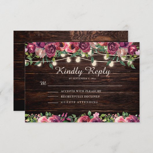 Rustieke String Lights Hout Bourgogne Bloemen RSVP Kaartje (Voorkant / Achterkant)