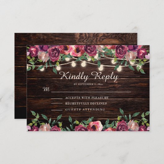 Rustieke String Lights Hout Bourgogne Bloemen RSVP Kaartje (Voorkant / Achterkant)