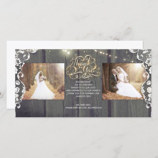 Rustieke String Lights Hout Lace Wedding Dank u Bedankkaart (Voorkant / Achterkant)