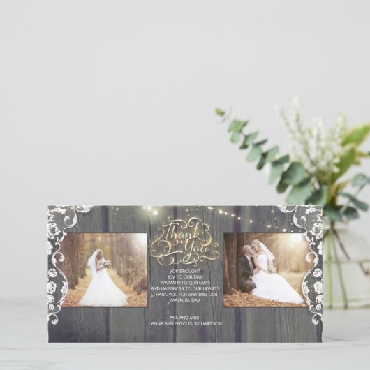 Rustieke String Lights Hout Lace Wedding Dank u Bedankkaart (Staand voorkant)