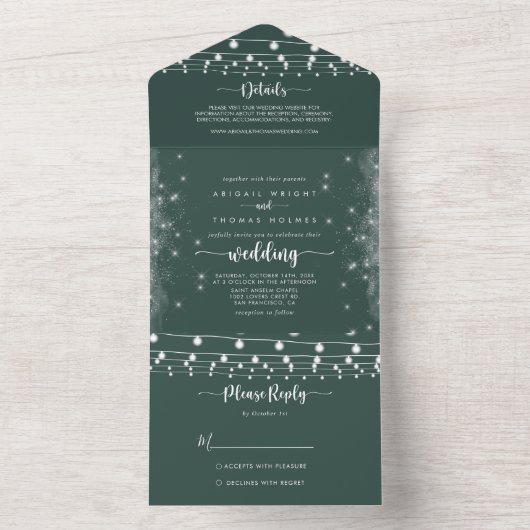 Rustieke String Lights Kalligrafie Groene bruiloft All In One Uitnodiging (Binnen)