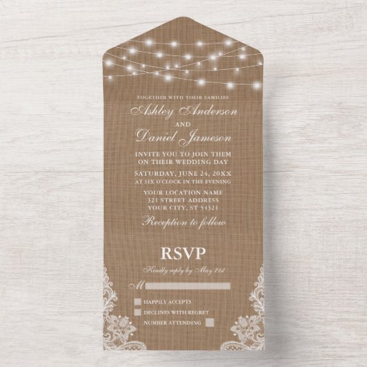 Rustieke String Lights Kant Burlap Bruiloft All In One Uitnodiging (Binnen)