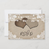 Rustieke String Lights Kant Burlap Harten Bruiloft RSVP Kaartje (Voorkant)