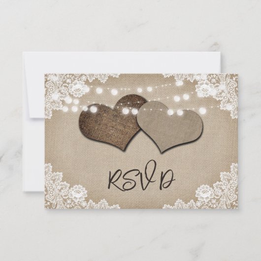 Rustieke String Lights Kant Burlap Harten Bruiloft RSVP Kaartje (Voorkant)