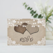 Rustieke String Lights Kant Burlap Harten Bruiloft RSVP Kaartje (Staand voorkant)