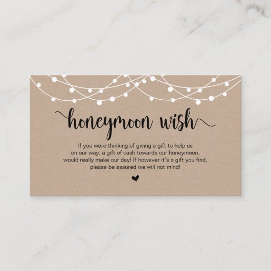 Rustieke String Lights, Kraft, Honeymoon Wish Informatiekaartje (Voorkant)