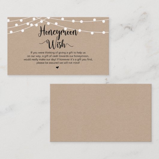 Rustieke String Lights, Kraft, Honeymoon Wish Informatiekaartje (Voorkant / Achterkant)