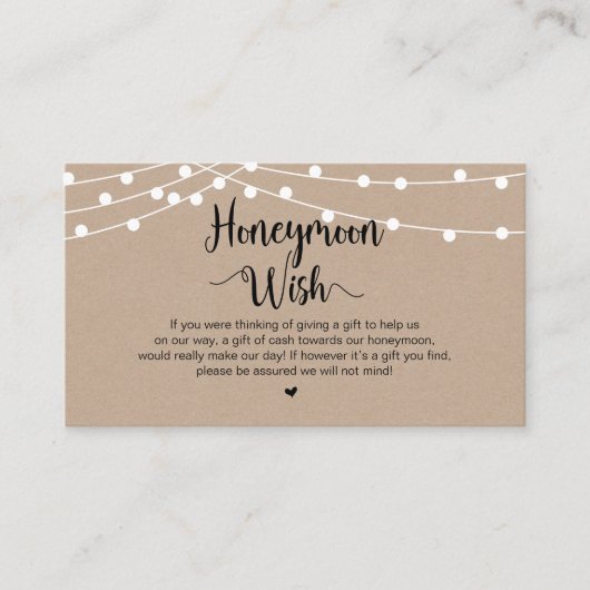 Rustieke String Lights, Kraft, Honeymoon Wish Informatiekaartje (Voorkant)