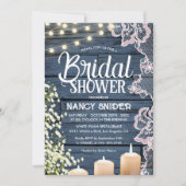 Rustieke String Lights & Lace Navy Blue Bridal Kaart (Voorkant)