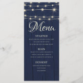 Rustieke String Lights Marine Blauw Houten Bruilof Menu (Voorkant)