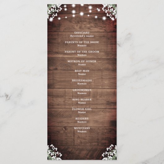Rustieke String Lights Mason Jar Bruiloft Programmakaart (Achterkant)