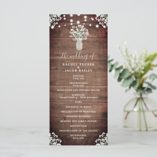 Rustieke String Lights Mason Jar Bruiloft Programmakaart (Staand voorkant)