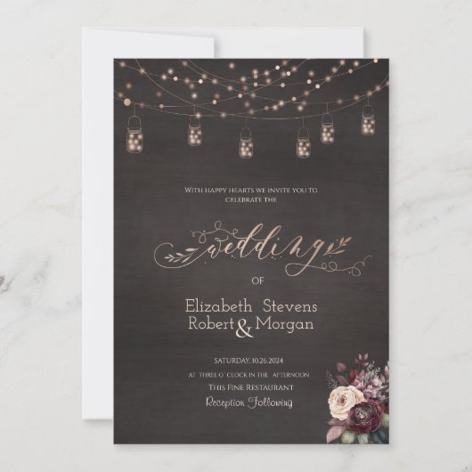 Rustieke String Lights Mason Jar Rozen Bruiloft Kaart (Voorkant)