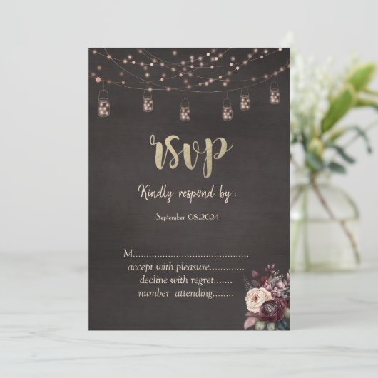 Rustieke String Lights Mason Jar Rozen RSVP Kaart (Staand voorkant)