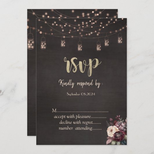 Rustieke String Lights Mason Jar Rozen RSVP Kaart (Voorkant / Achterkant)