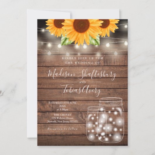 Rustieke String Lights Mason Jar Zonnebloemen Brui Kaart (Voorkant)