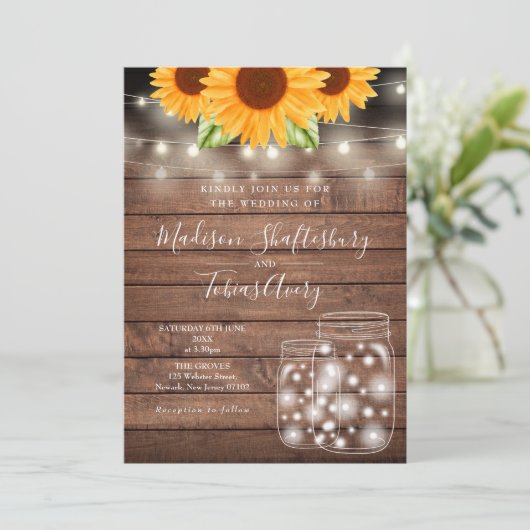 Rustieke String Lights Mason Jar Zonnebloemen Brui Kaart (Staand voorkant)