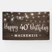 Rustieke String Lights op hout 40th Verjaardag Spandoek (Horizontaal)
