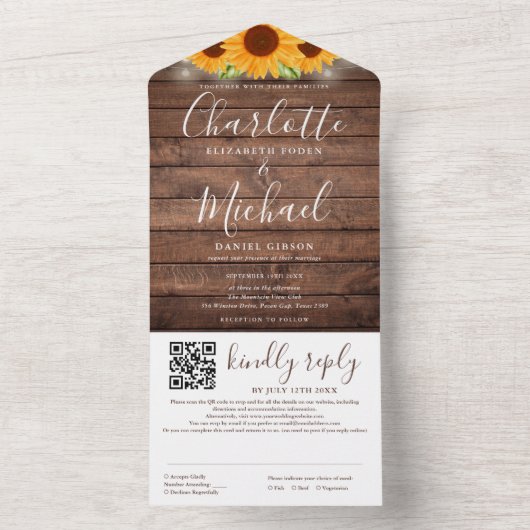 Rustieke String Lights QR Code Zonnebloemen Bruilo All In One Uitnodiging (Binnen)