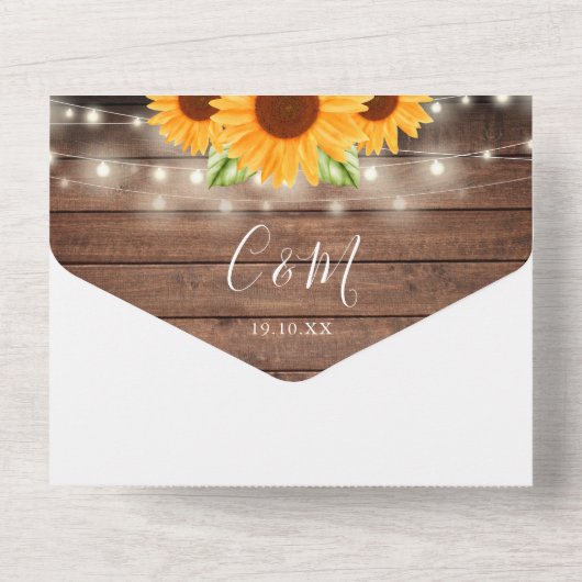 Rustieke String Lights QR Code Zonnebloemen Bruilo All In One Uitnodiging (Achterkant)