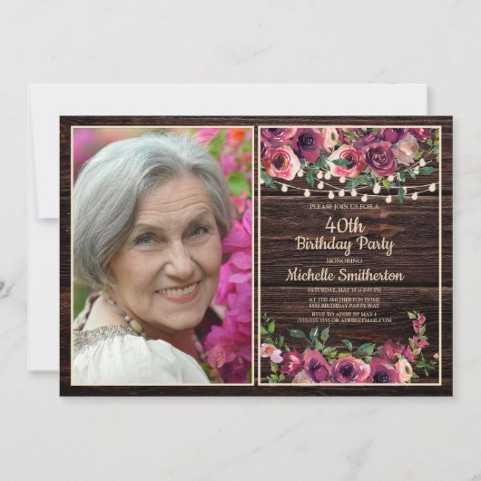 Rustieke String Lights Roze Bloemen Verjaardag Fot Kaart (Voorkant)