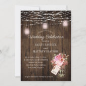 Rustieke String Lights Roze Mason Jars Bruiloft Kaart (Voorkant)
