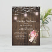 Rustieke String Lights Roze Mason Jars Bruiloft Kaart (Staand voorkant)