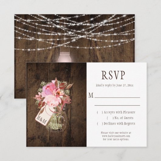 Rustieke String Lights Roze Mason Jars RSVP Kaartje (Voorkant / Achterkant)