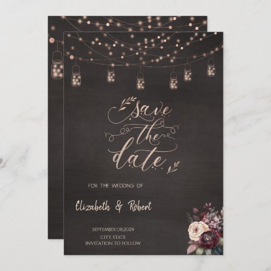 Rustieke String Lights Rozen opslaan van de datum Save The Date (Voorkant / Achterkant)