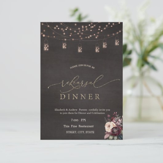 Rustieke String Lights Rozen repetitie diner Kaart (Staand voorkant)