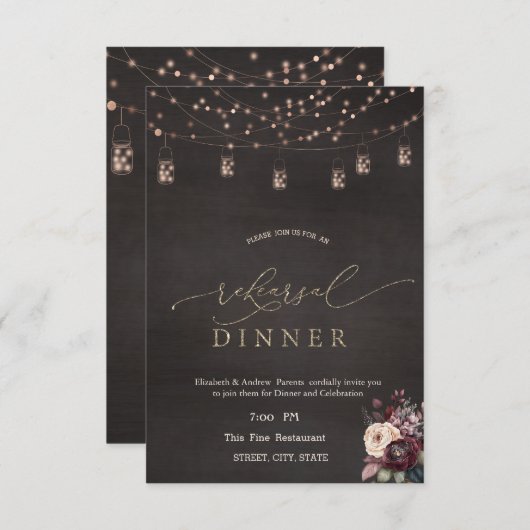 Rustieke String Lights Rozen repetitie diner Kaart (Voorkant / Achterkant)