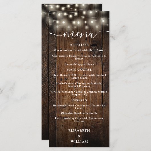Rustieke String Lights Schuur Hout Wedding Menu (Voorkant / Achterkant)