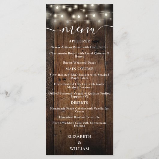 Rustieke String Lights Schuur Hout Wedding Menu (Voorkant)