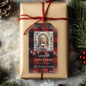 Rustieke String Lights Sneeuwvlok Rood Plaid Foto Cadeaulabel