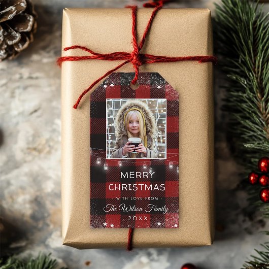 Rustieke String Lights Sneeuwvlok Rood Plaid Foto Cadeaulabel