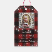 Rustieke String Lights Sneeuwvlok Rood Plaid Foto Cadeaulabel (Voorkant)