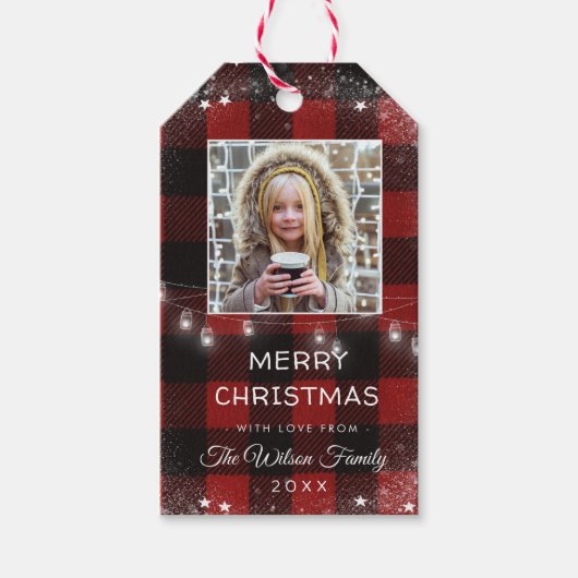 Rustieke String Lights Sneeuwvlok Rood Plaid Foto Cadeaulabel (Voorkant)