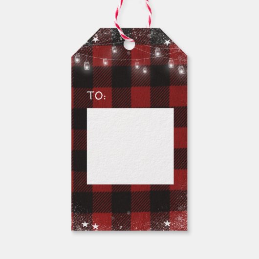 Rustieke String Lights Sneeuwvlok Rood Plaid Foto Cadeaulabel (Achterkant)